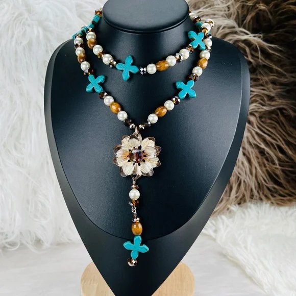 Beautiful weighted bohemian chic long statement necklace